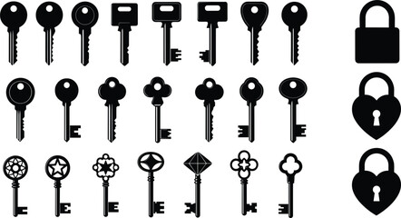 Assortment of Black Key and Padlock Silhouettes in Various Styles security © Shahajan