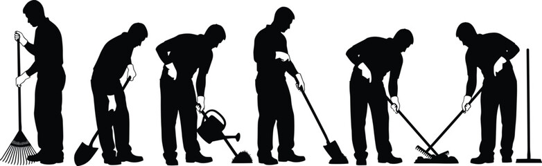 Silhouette janitors, cleaning workers using tools, broom mop rake shovel watering can, isolated on white background, vector illustration design commercial © MDTAHMID
