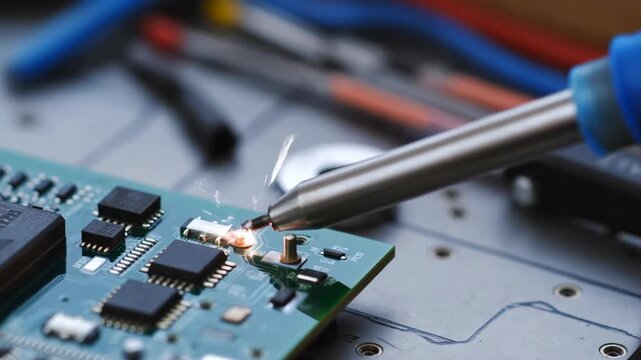 Electronic circuit soldering: closeup with soldering iron and spark in action
