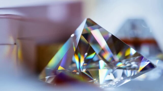 Rotating prism casting vivid rainbow reflections in soft focused light