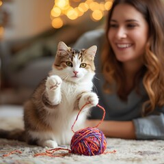 Cute Tabby Cat Playing with Colorful Yarn Ball While Young Woman Watches Cozy Home Scene