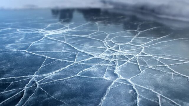 Captivating progression of cracked ice pattern on a frozen lake surface