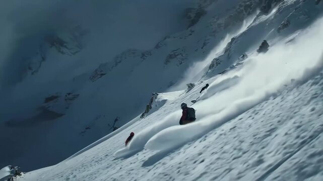 Medium shot capturing advanced snowboarders carving through dynamically altered steep runs showcasing precision and challenge in a rugged snowy terrain.