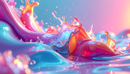 Surreal playful maximalist bright color design in a vibrant 3D render of floating furniture amidst geometric shapes