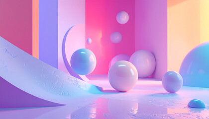 Surreal playful maximalist bright color design with melting geometric objects in a vibrant studio setting