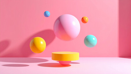 Surreal playful maximalist bright color design with 3D render of oversized accessories floating in a vibrant space