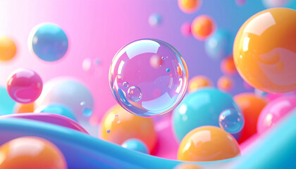 Surreal playful maximalist bright color design capturing a vibrant scene with floating spheres and abstract shapes in a dreamlike environment