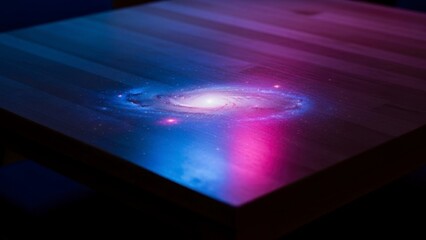 A glowing neon light display on a wooden surface in a dark environment