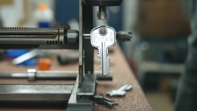 Precision key cutting process: machine crafting, metallic details, technology