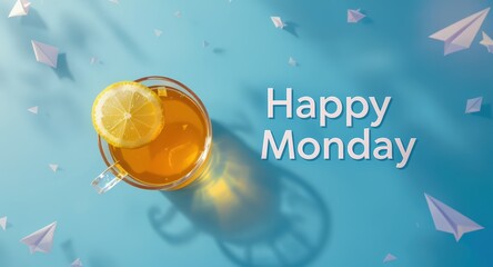 Bright Lemon Tea with Ice and Lemon Slice on Blue Background with Paper Airplanes for Monday Motivation