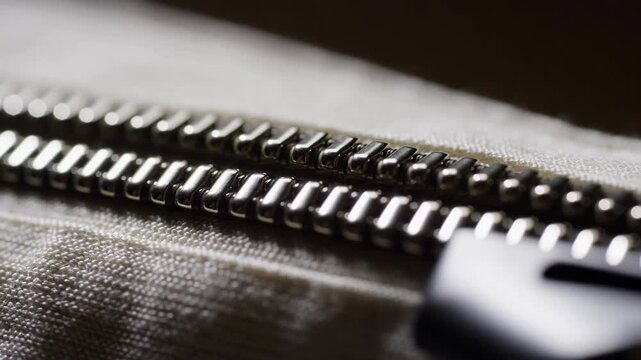 Closeup sequence of a zipper opening on textured fabric with soft lighting effects