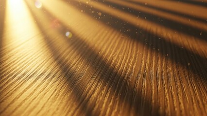 Sunlight casts shadows on a wooden surface, creating a warm and serene atmosphere with intricate textures and bokeh effects.