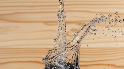 Water Splashing into a Glass on a Wooden Surface from a High Angle