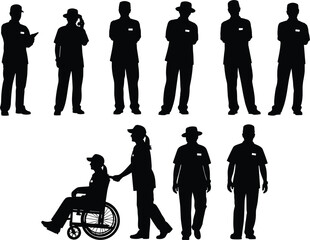 Silhouettes of medical professionals and people in wheelchairs in various poses nurse doctor