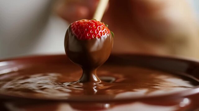 Juicy strawberry dipping into melted chocolate creates a beautiful ripple effect