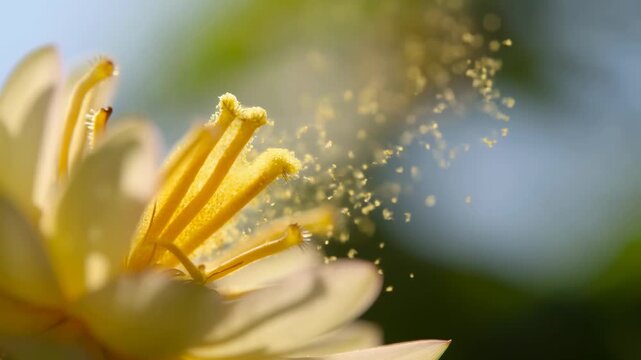 Pollination process: closeup of pollen dispersal from flower stamen in nature