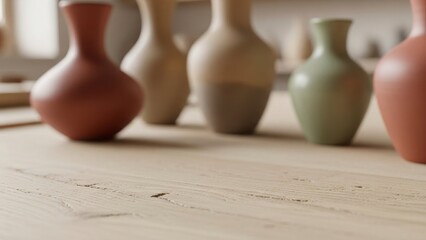 A row of clay vases in various muted colors on a wooden table viewed from the side
