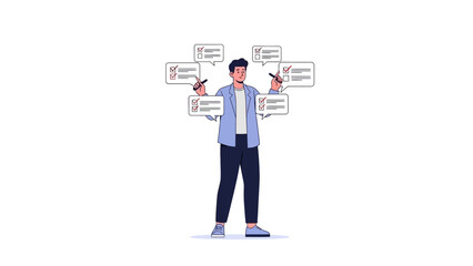 Creative illustration of a young man managing multiple tasks with checklists and digital devices
