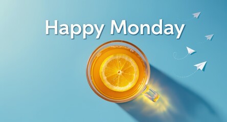 Cheerful Orange Lemon Tea in Glass Mug on Blue Background with Paper Airplanes