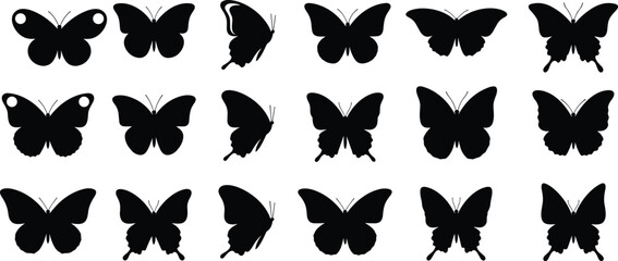 Collection of black butterfly silhouette icons with various wing shapes and decorative patterns for nature inspired graphic design and logos