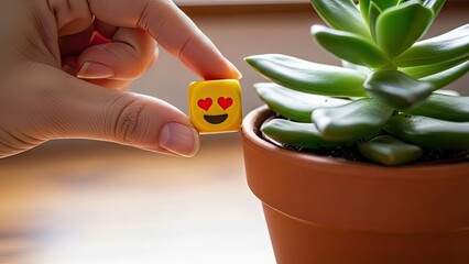 Hand Holding Emoji Near Plant