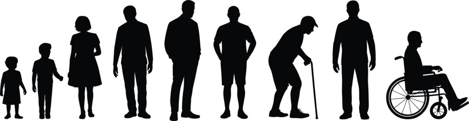 Silhouettes of people of different ages and a person in a wheelchair on a white background human generation