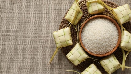 Rice in a wooden bowl with woven leaf parcels on a textured surface.