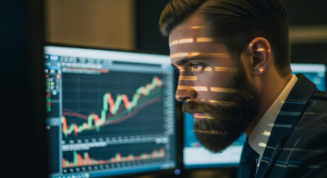 A focused trader monitors financial markets, deeply engrossed in analyzing market trends displayed on multiple computer screens. - Powered by Adobe