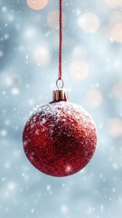 A red christmas ornament hangs in falling snow.