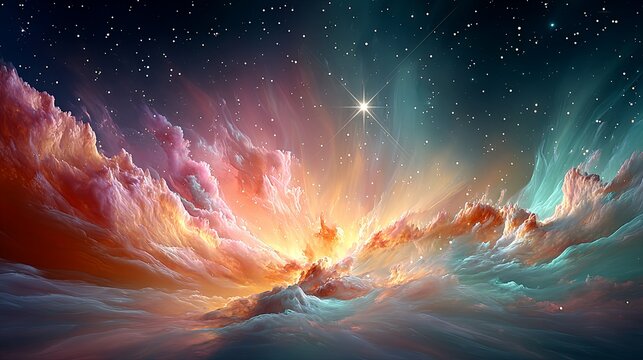 Soft swirling nebula in warm orange and rose tones, illuminated by a single bright cross-light star sitting in the middle of space