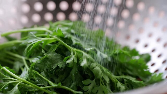 Fresh green herbs rinsed under running water in a kitchen colander