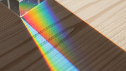 A beam of light passing through a prism on a wooden surface