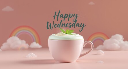 Pink Coffee Mug with Whipped Cream and Mint Leaves Surrounded by Clouds and Rainbows for Happy Wednesday