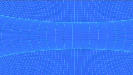 An abstract geometric figure constructed from a light coordinate grid against a rich blue background. The central area gently compresses, creating an effect of spatial tension and a smooth curvature o