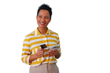 Mature african american woman smiling, paying online with a credit card and smartphone, showcasing digital banking and financial security