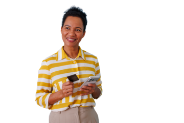 Mature african american woman smiling, paying online with a credit card and smartphone, showcasing digital banking and financial security