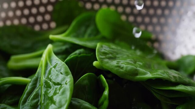 Refreshing water rinsing fresh spinach leaves in kitchen colander