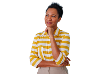 Black woman thinking, planning, and creating new ideas, contemplating future, making decisions, transparent background