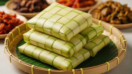 Rice cakes wrapped in leaves served in a woven basket with side dishes.