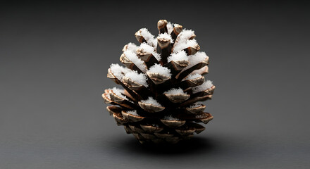 A close-up, studio shot of a pinecone covered in a light dusting of snow against a dark, seamless backdrop