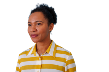 Woman smiling looking away, happy mid adult black female portrait on transparent background, casual striped shirt