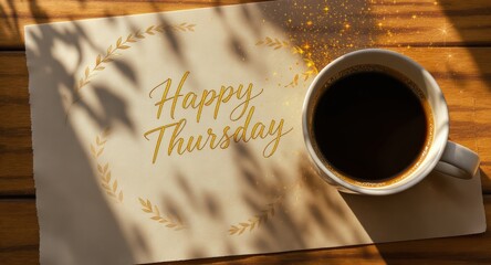 Coffee Cup and Happy Thursday Card on Wooden Table with Shadow and Sparkles