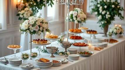ontology. Elegant wedding buffet table with tiered food displays and floral arrangements from above. menu design, packaging mockups, designed for culinary blogs and recipe cards for restaurants.