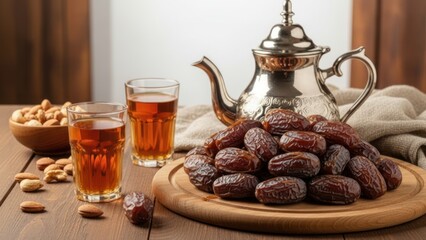 Dates tea and nuts on a wooden table with a metal teapot.