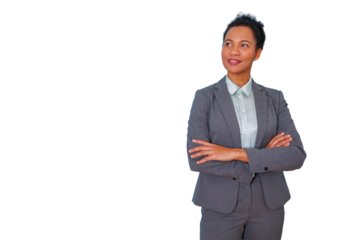 Confident businesswoman looking up, thinking about new ideas, future success, and business growth on transparent background