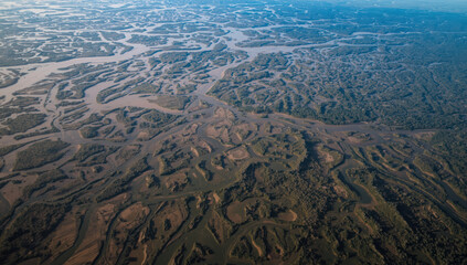 Aerial river delta with braided channels and mudflats at low tide, serene natural landscape