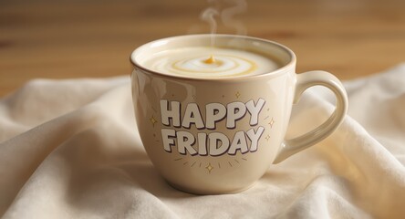 Mug with Happy Friday Text Warm Coffee Latte in Cream Color Cup on Soft Fabric Surface
