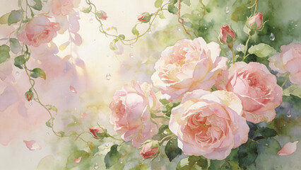 Romantic Pink Roses Watercolor Painting with Dew Drops and Elegant Vines ,Ethereal Watercolor Illustration of Lush Pink Roses in Soft Sunlight 