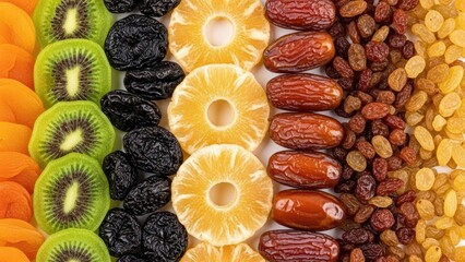 Assortment of dried fruits arranged in colorful rows.