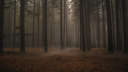 Fototapeta premium Misty pine forest with tall trunks and brown needle floor evoking calm solitude